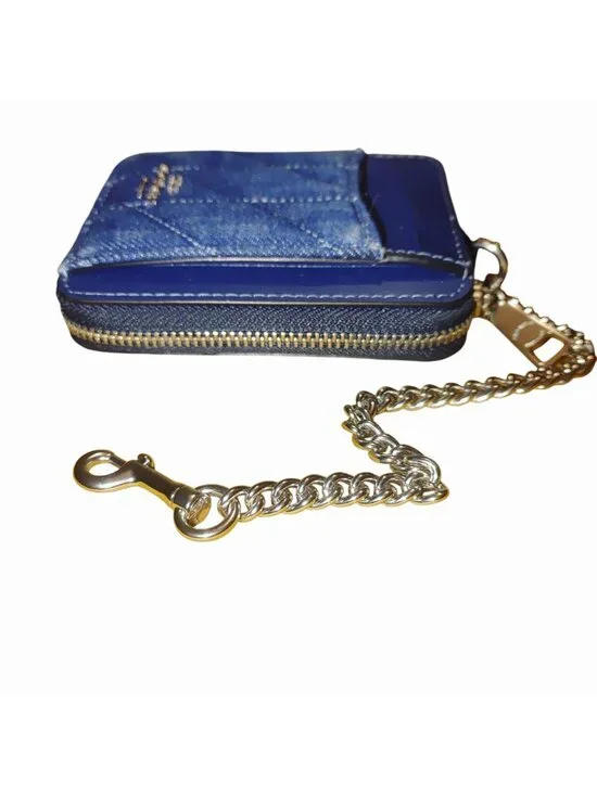 Coach Denim Blue Quilted Smooth Leather Zip Closure Wallet Chain Card Slots Silv - Picture 13 of 13